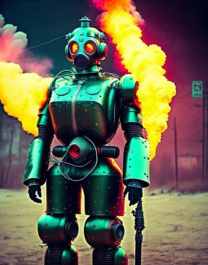 Vintage robot spewing fire on colorful backdrop