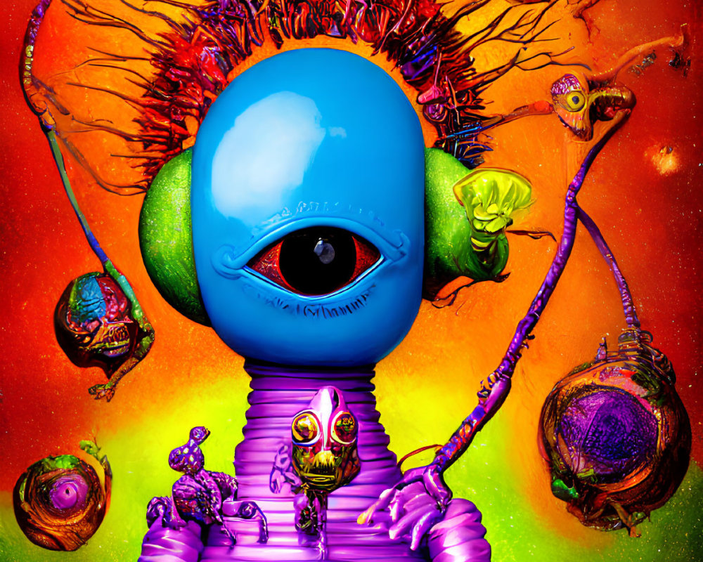 Colorful Psychedelic Illustration of Humanoid Figure with Large Eye and Alien Creatures