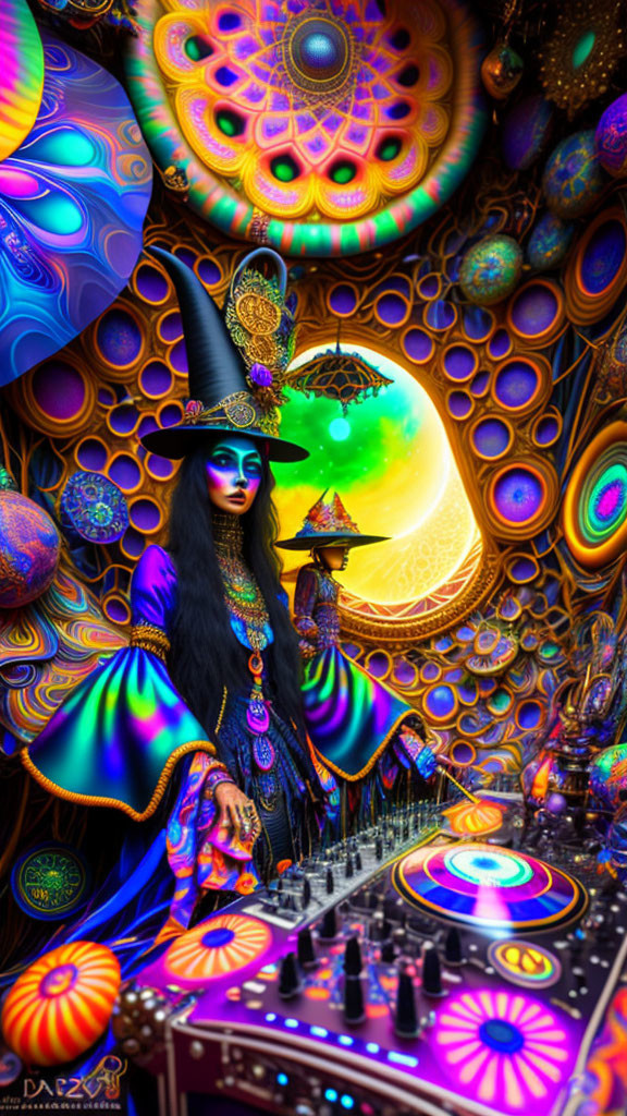 Colorful psychedelic witch DJ booth scene with swirling patterns