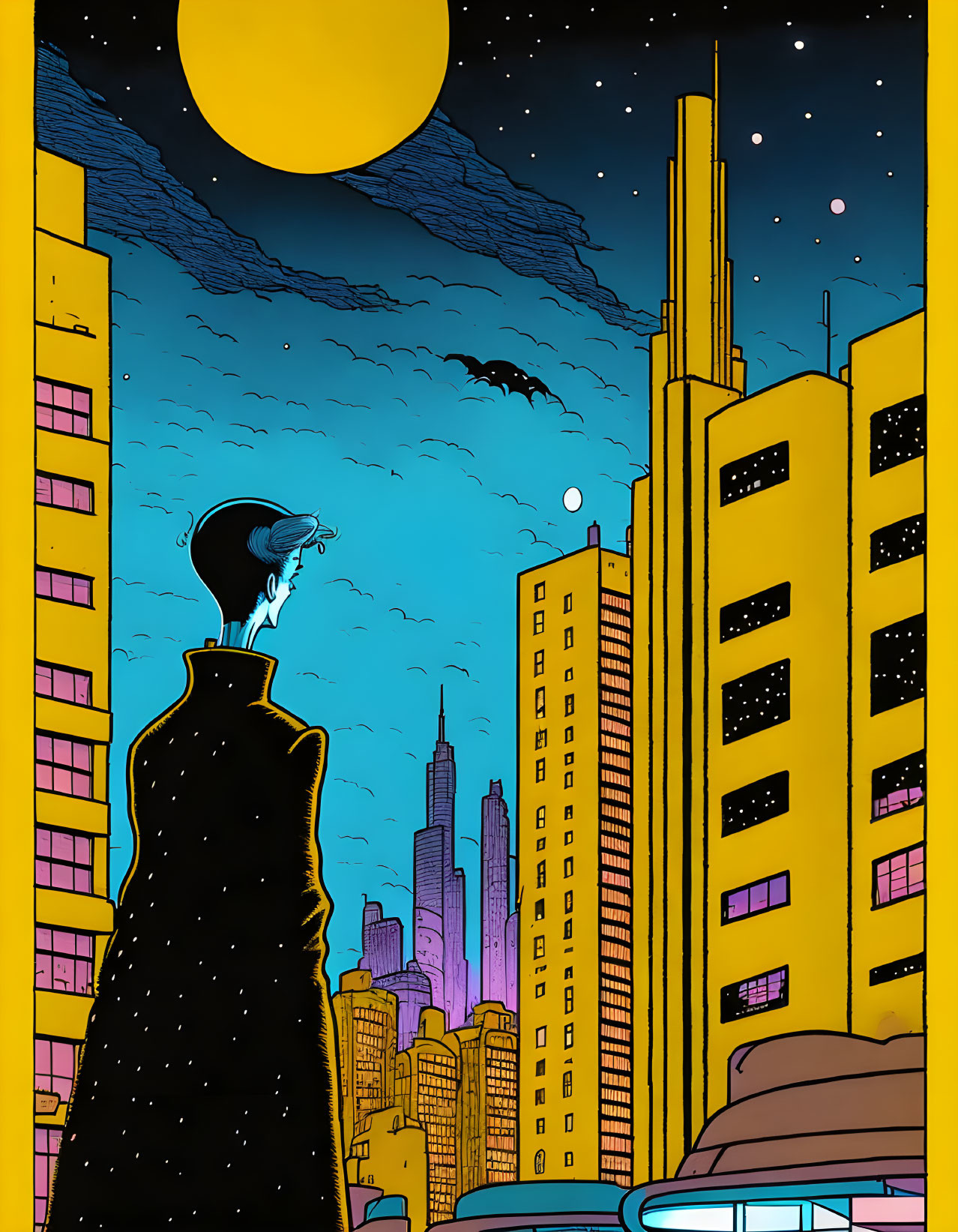 Silhouette person on building at night with cityscape, moon, and bats