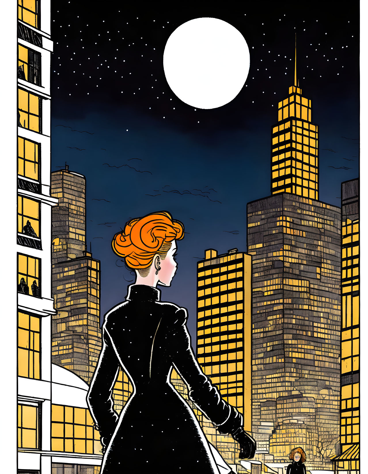 Woman with updo hairstyle under full moon in nighttime cityscape