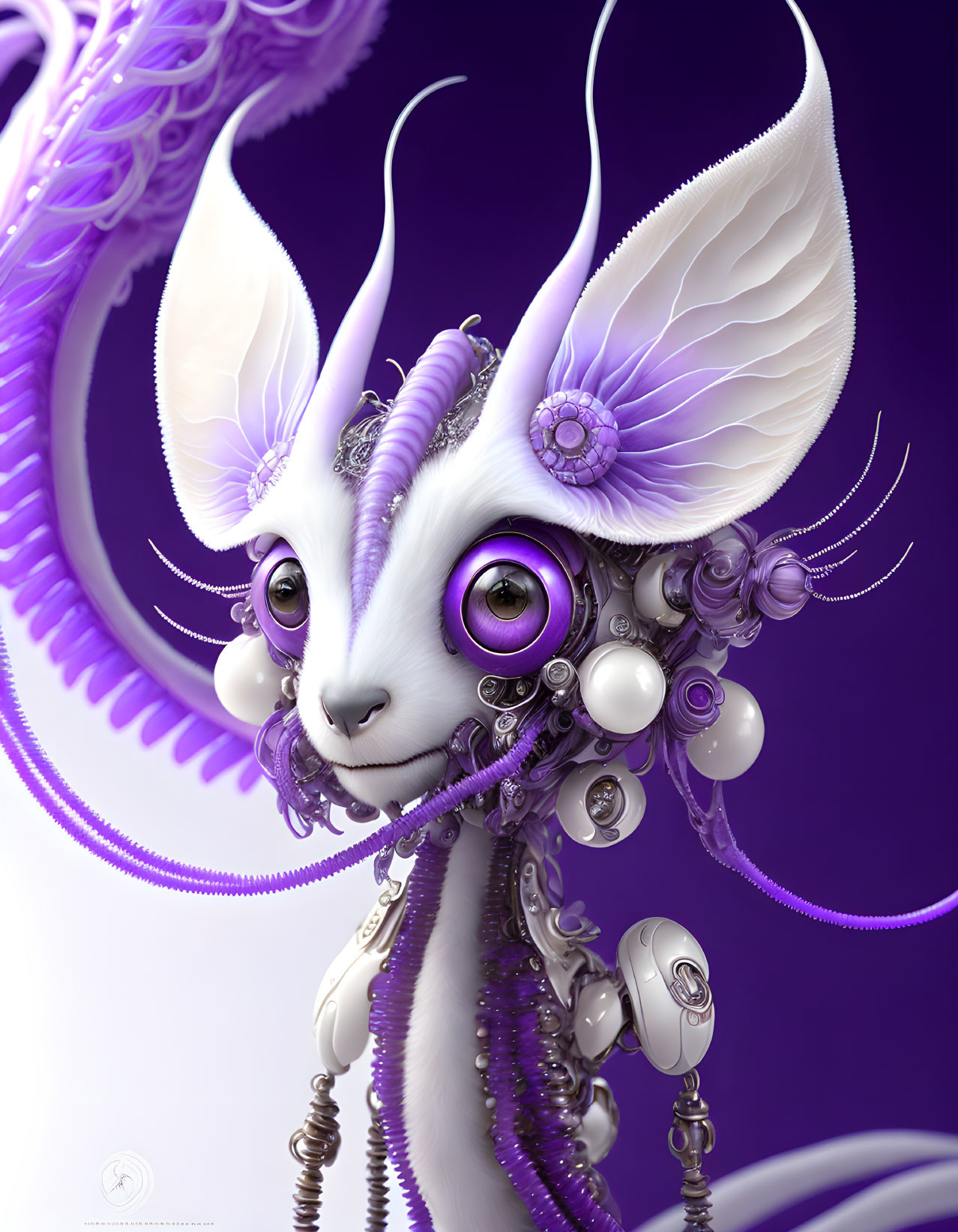 Whimsical creature with purple eyes, white ears, tendrils, and lavender accents