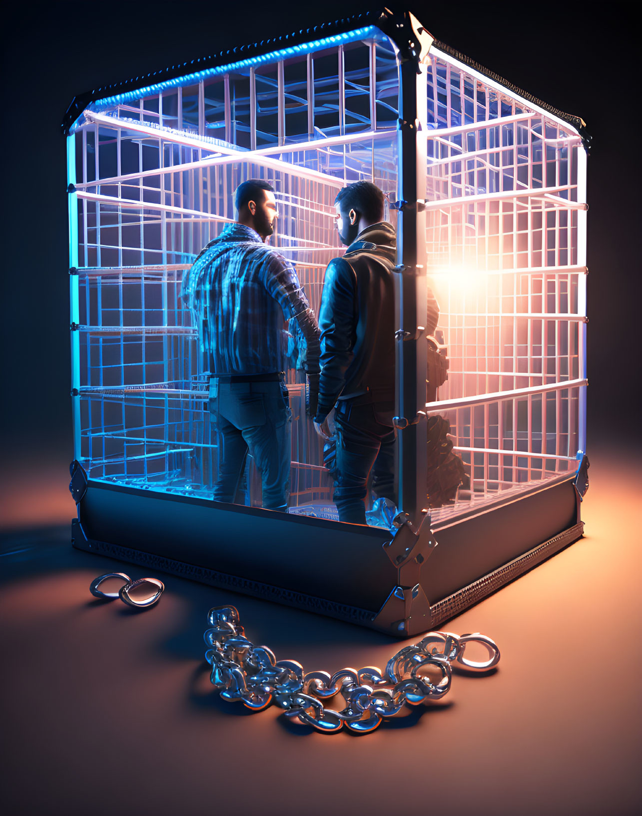 Men inside birdcage with broken chains under soft glow