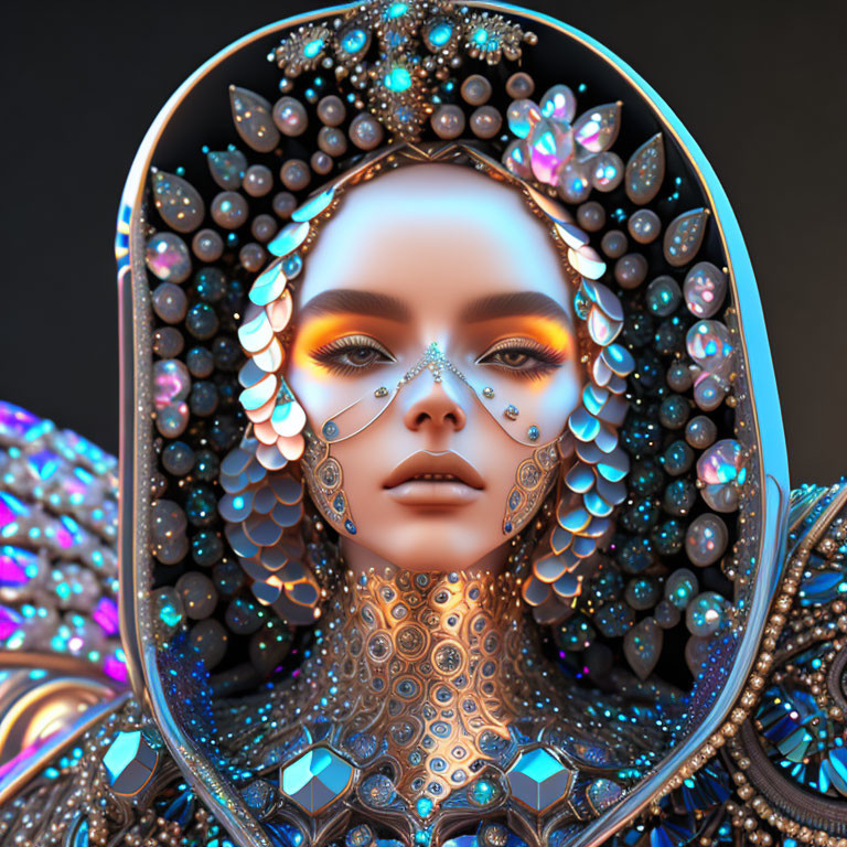 Symmetrical digital artwork of woman in jewel-encrusted armor