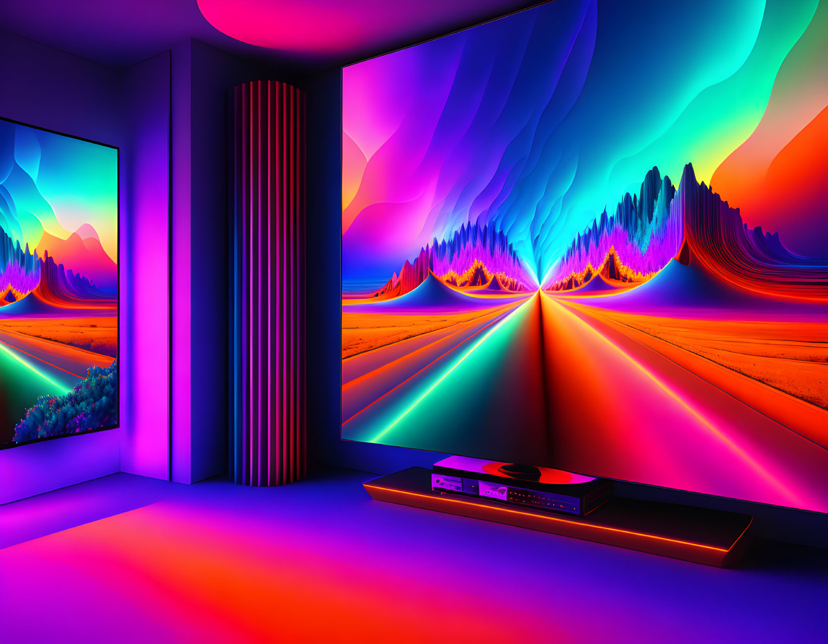 Neon-lit room with abstract digital art displays