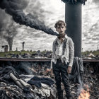 Boy in post-apocalyptic setting surrounded by destruction and smoke