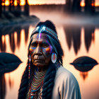 Indigenous person in traditional attire by serene water at sunset