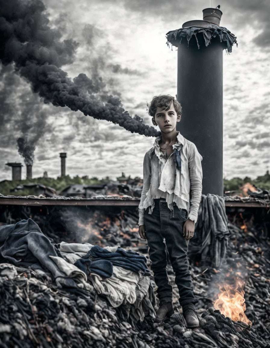 Boy in post-apocalyptic setting surrounded by destruction and smoke