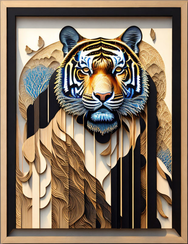 Layered Paper Art: Tiger Face with Vibrant Colors & Intricate Patterns