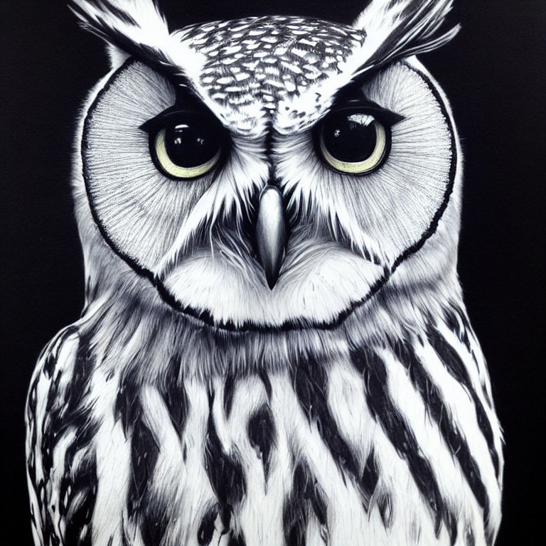 Detailed black and white owl illustration with intense yellow eyes and feathers on a dark backdrop