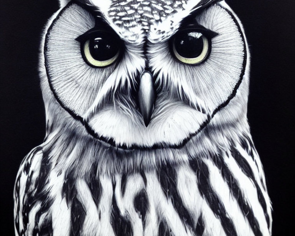 Detailed black and white owl illustration with intense yellow eyes and feathers on a dark backdrop