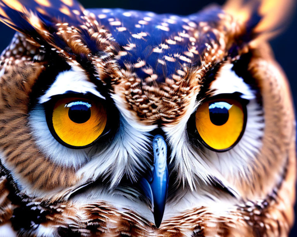 Intense owl with yellow eyes, facial feathers, and sharp beak on dark background