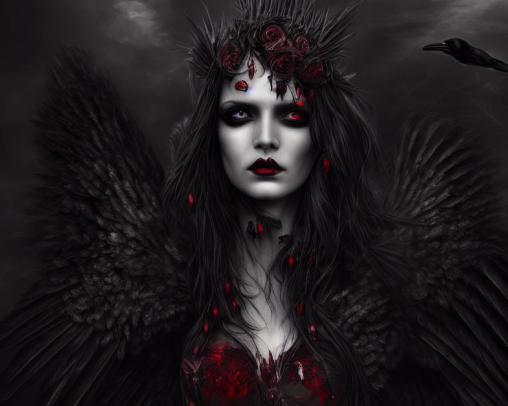 Gothic figure with dark angel wings and crown of roses in moody setting