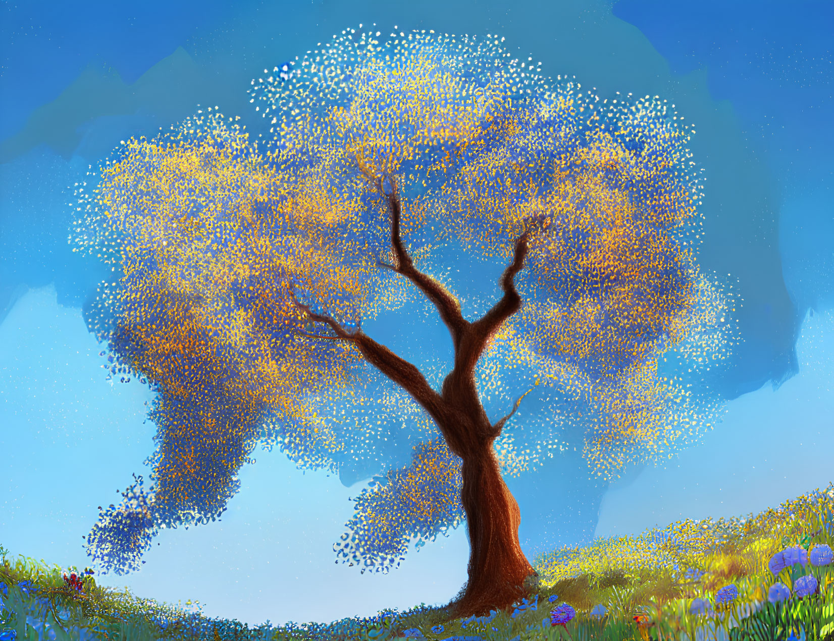 Colorful tree illustration with swirling yellow leaves in a bright blue sky, wildflowers on green hill