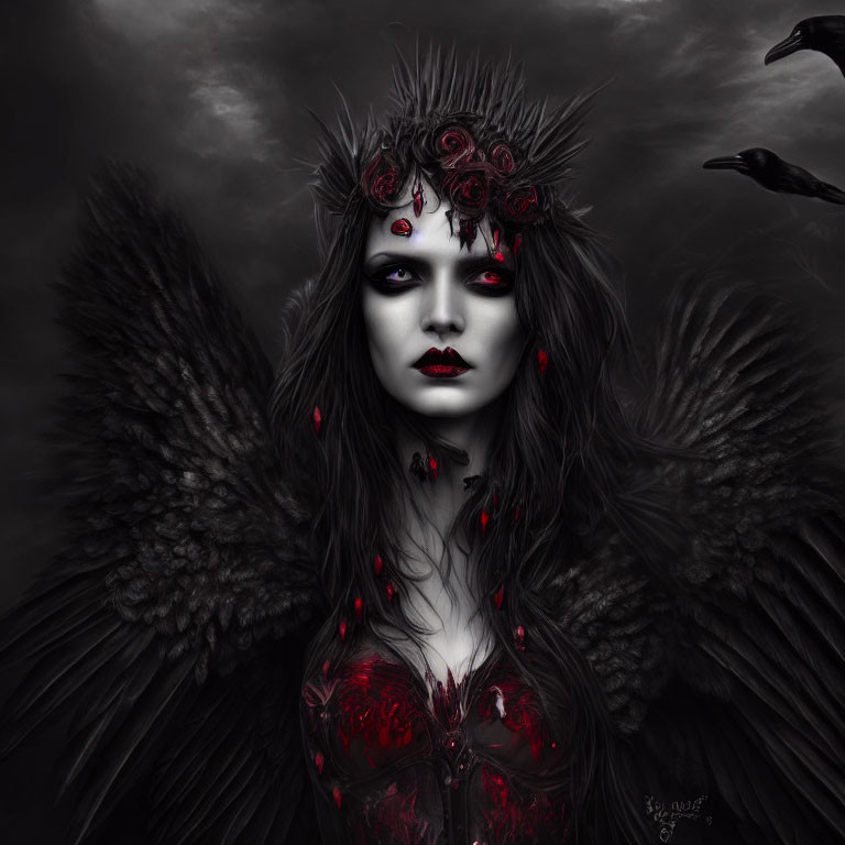 Gothic figure with dark angel wings and crown of roses in moody setting