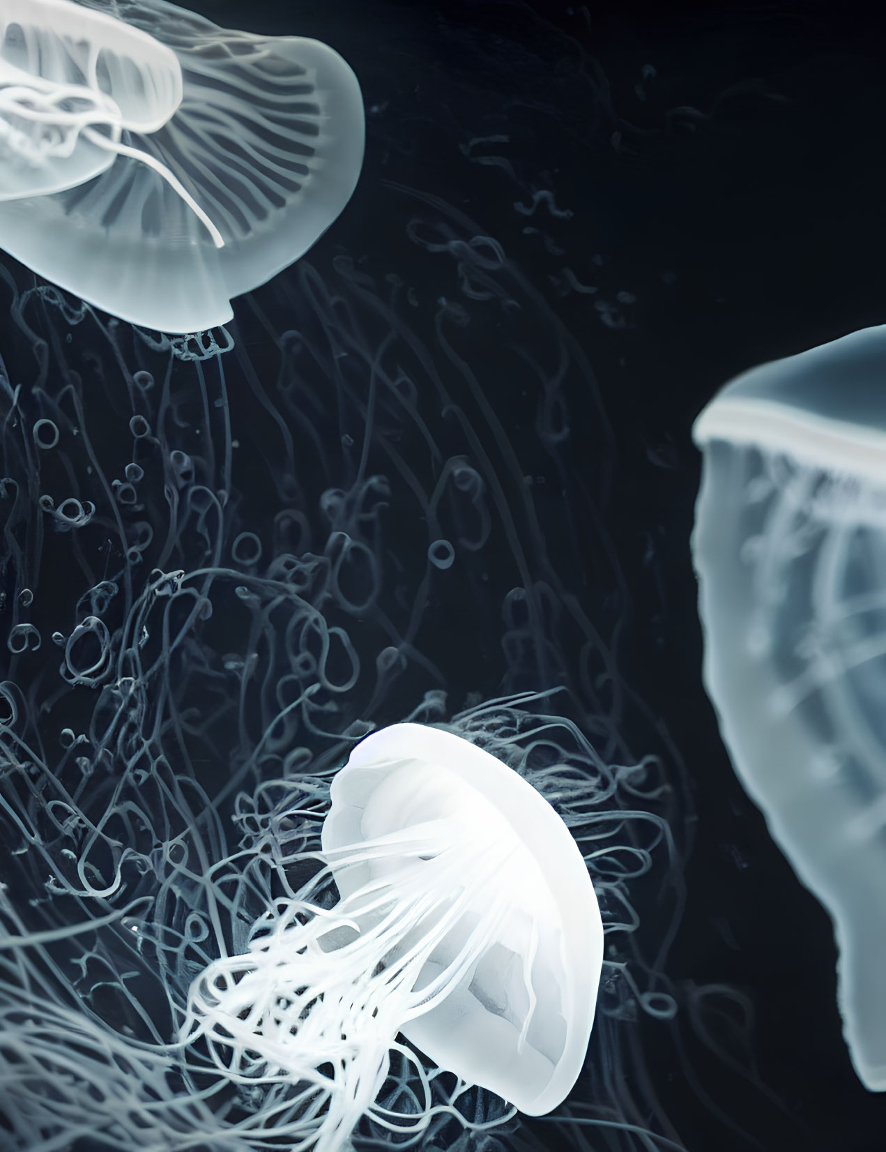 Translucent jellyfish with long tentacles in dark underwater setting