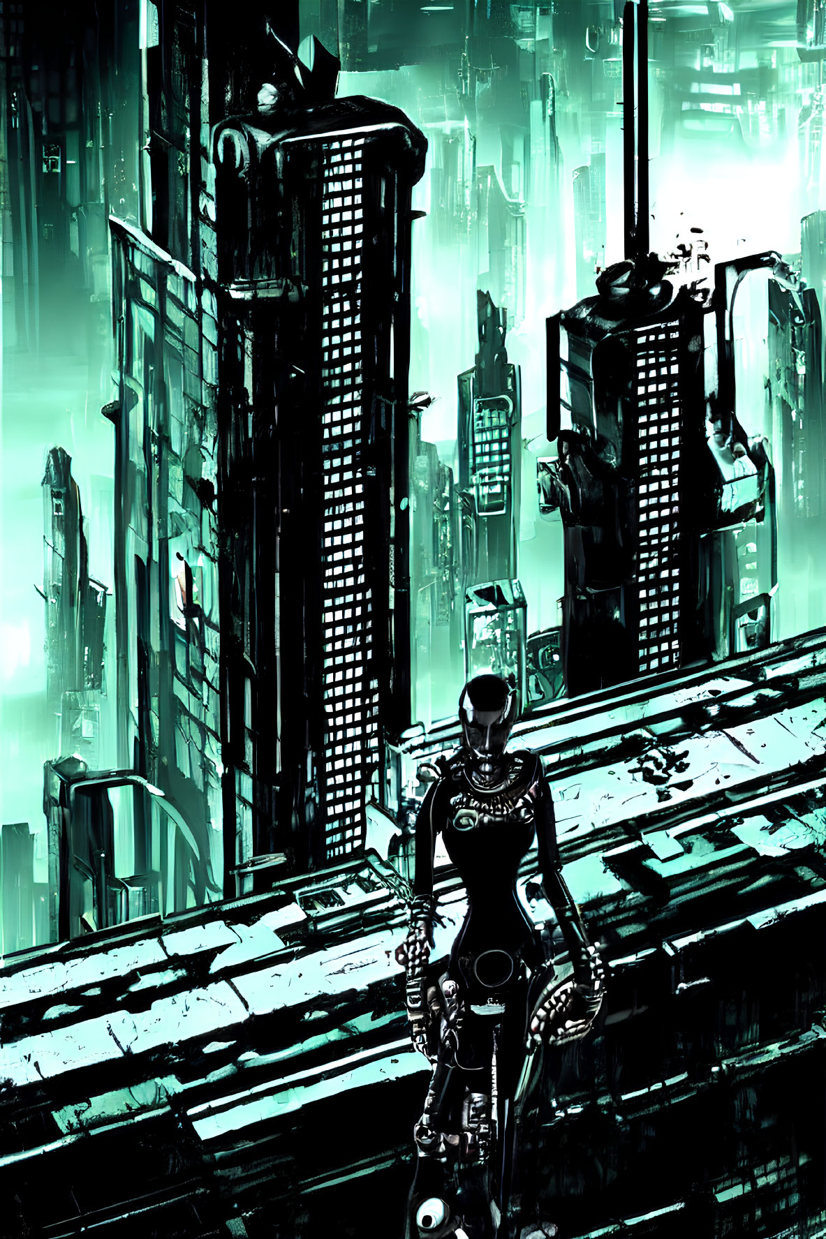 Monochrome cyberpunk cityscape with robotic figure overlooking skyline