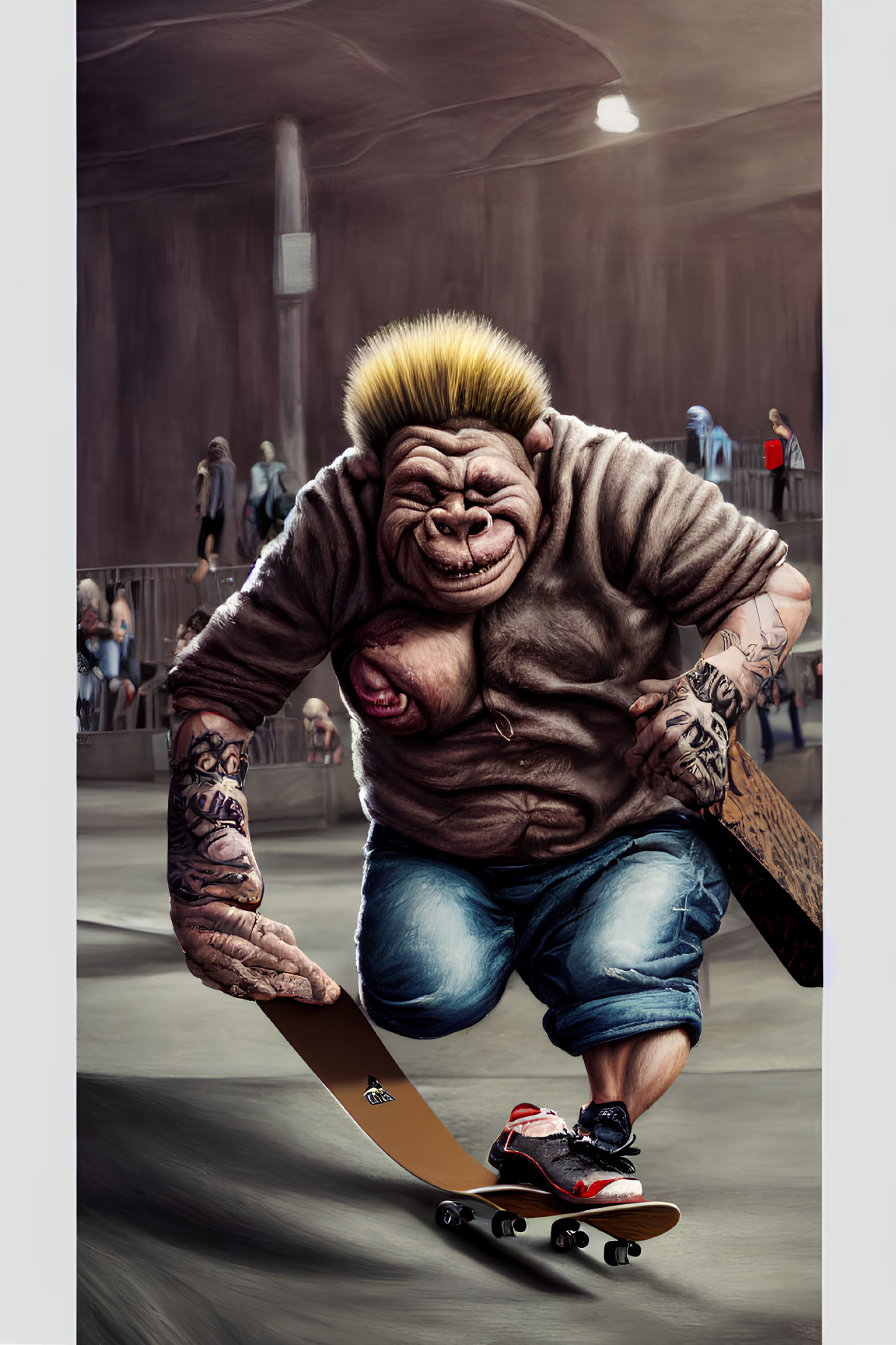 Character with Exaggerated Facial Features Skateboarding in Skatepark