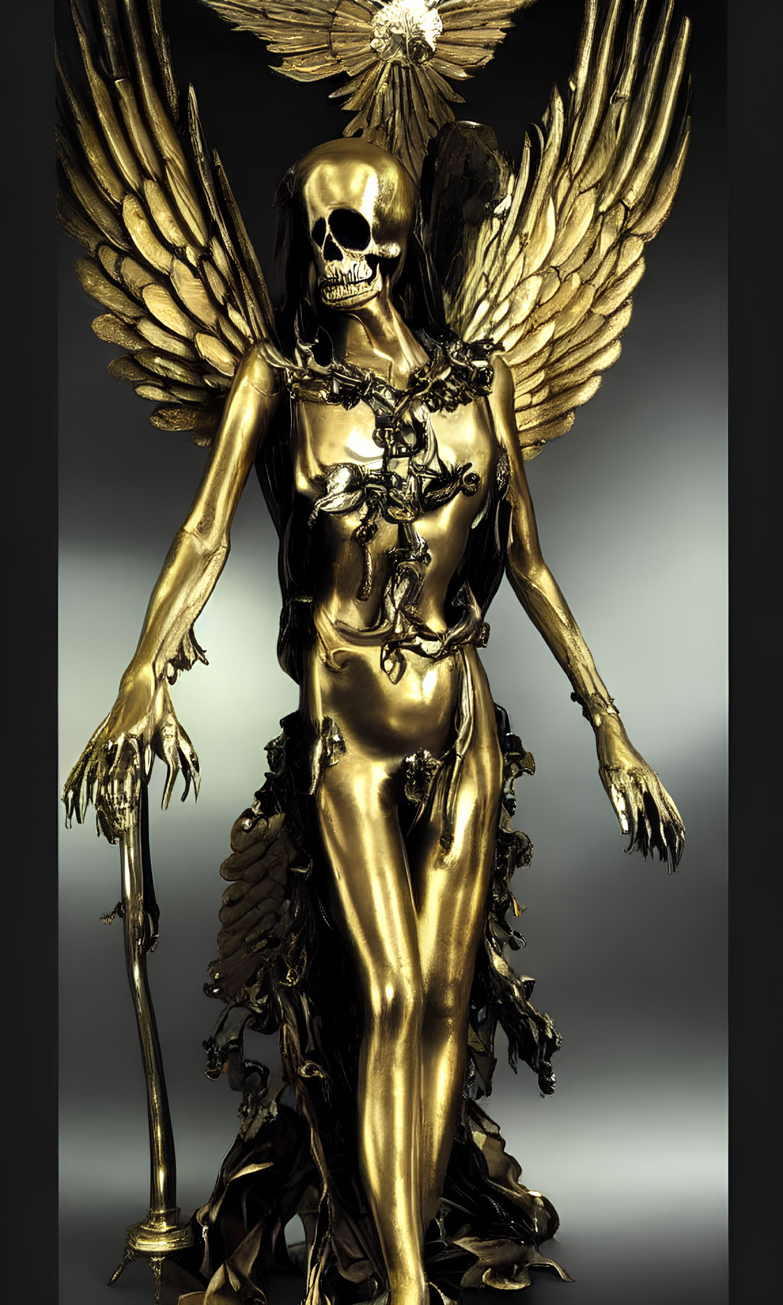 Golden skeletal figure with wings and mask on grey background