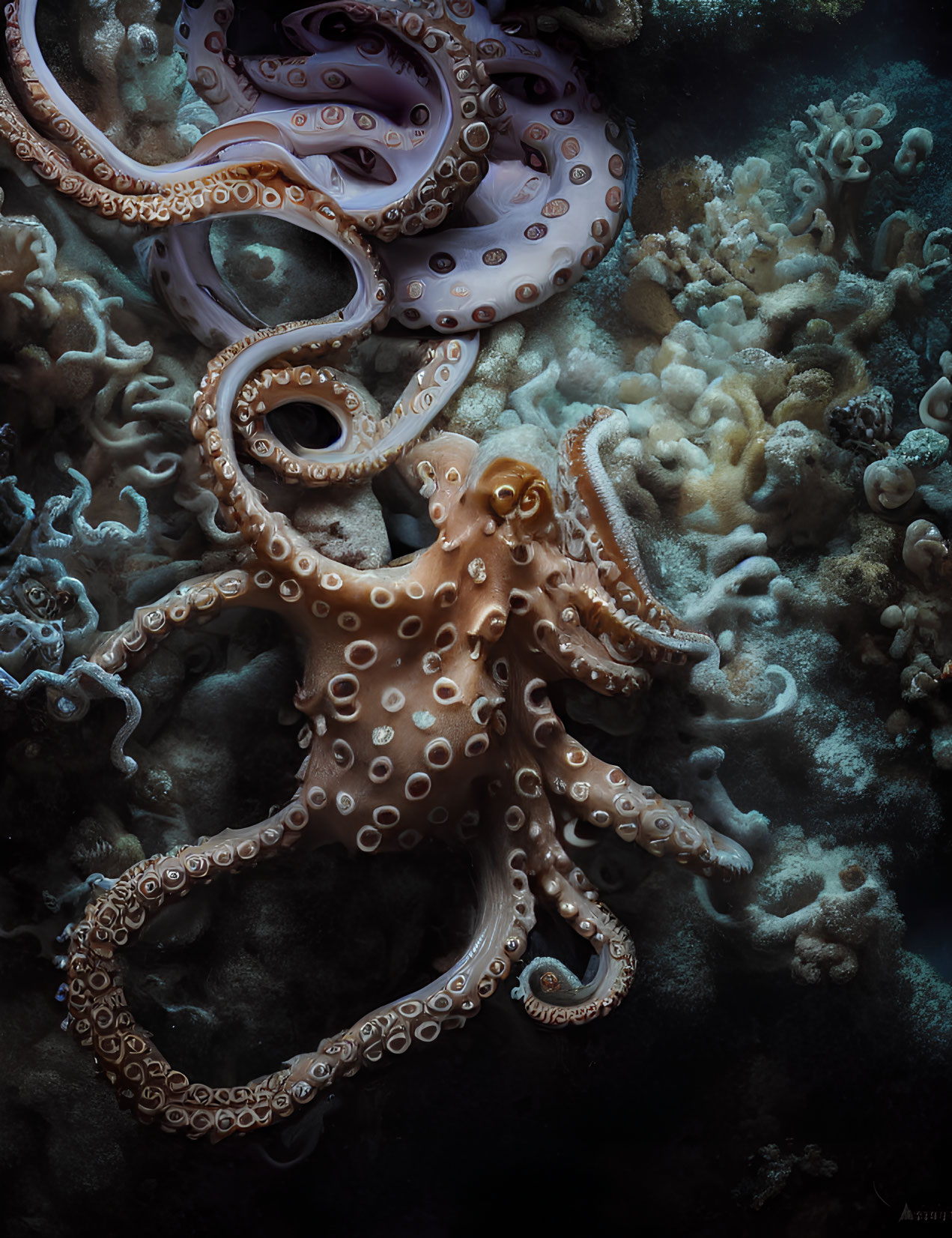 Octopus Swimming over Coral Reefs with Spread Tentacles