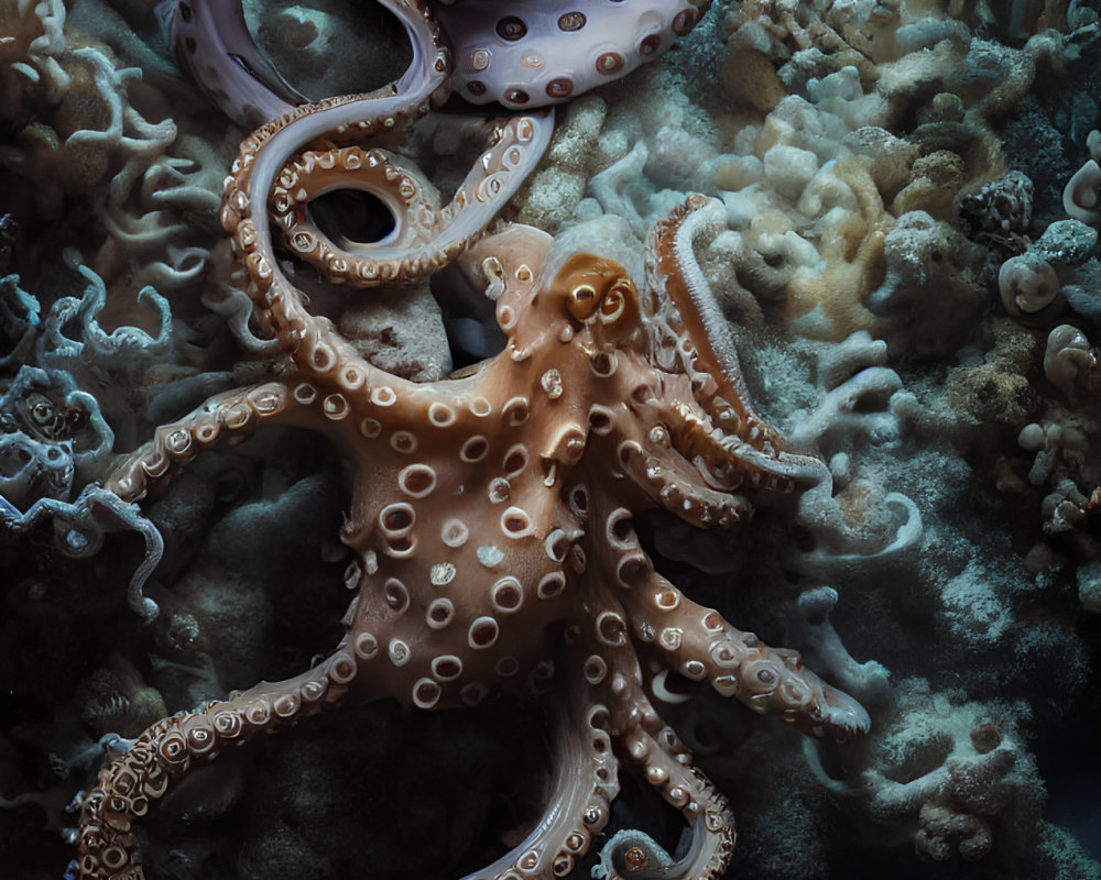 Octopus Swimming over Coral Reefs with Spread Tentacles