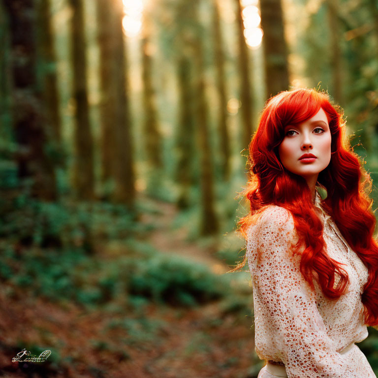 Red-haired woman in white blouse stands in sunlit forest