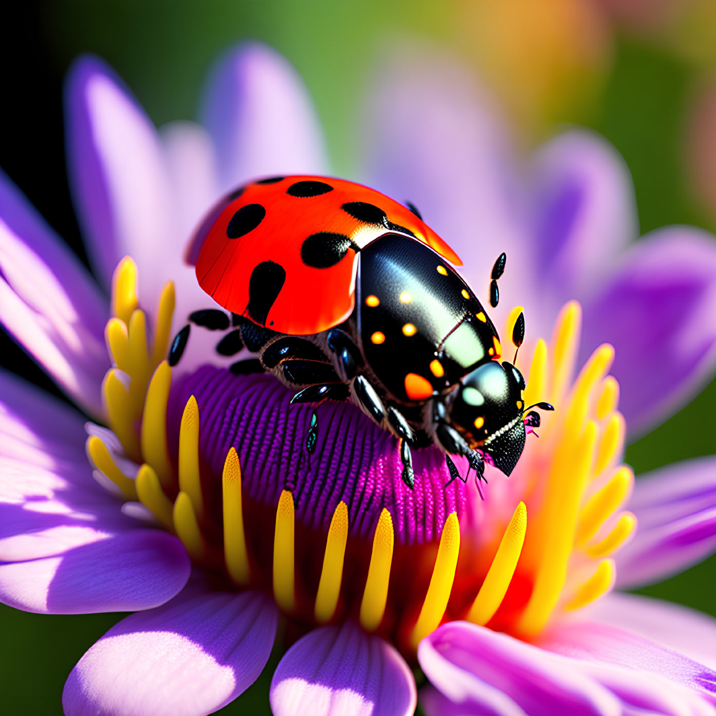 Colorful Ladybug Crawling on Purple Flower Stamen