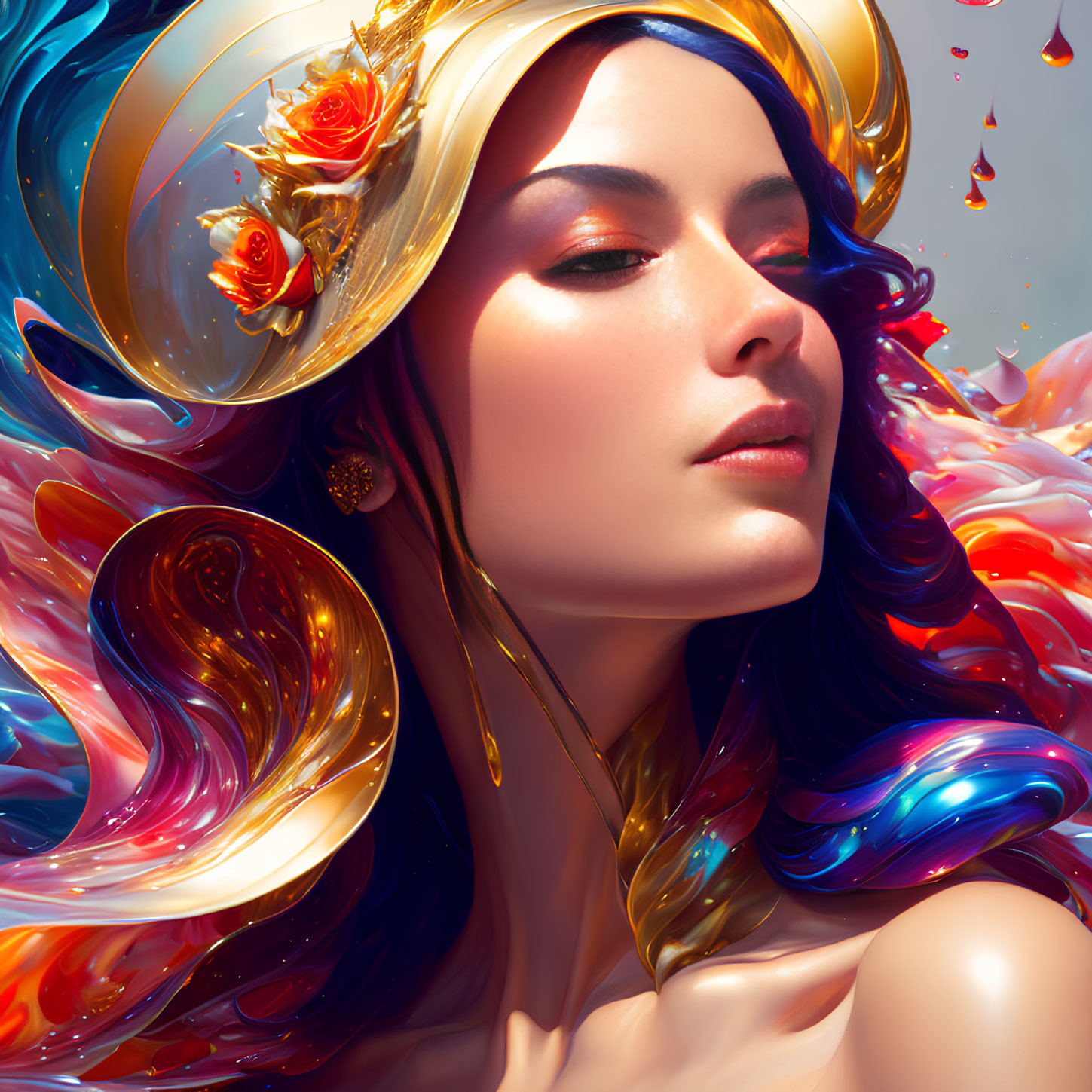 Digital artwork featuring woman with golden headdress and abstract shapes