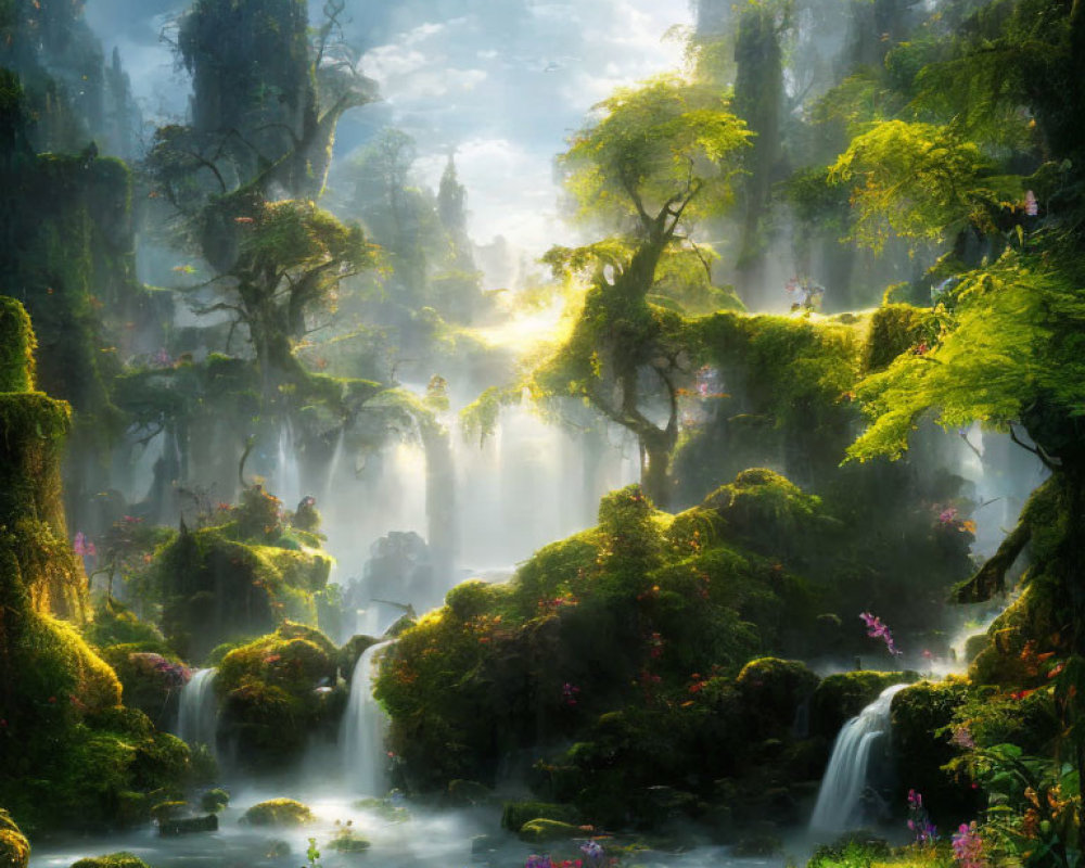 Mystical forest with lush greenery, waterfalls, sunlight beams & vibrant flowers