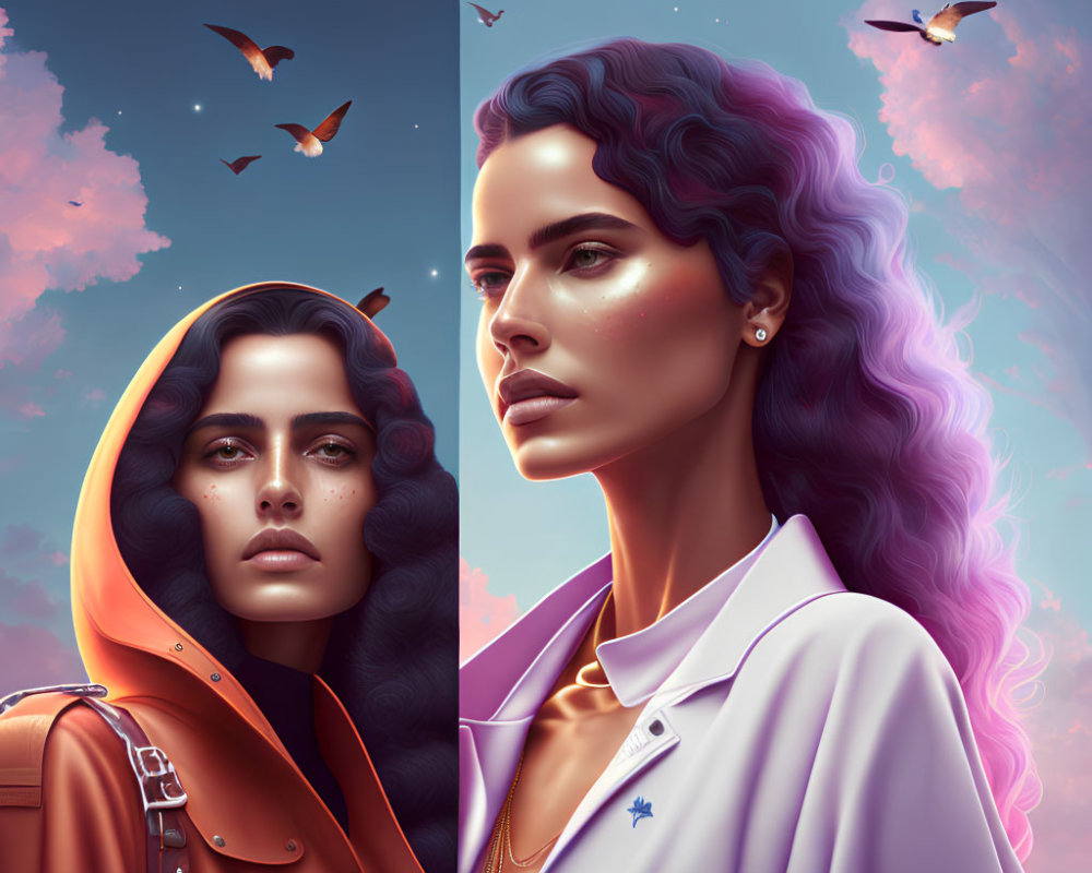 Stylized female portraits with orange hood, butterflies, purple hair, and sky