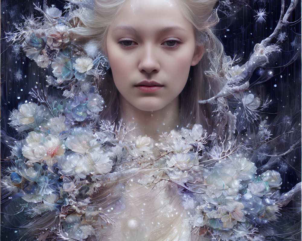 Pale woman with white hair in ethereal winter fairy scene