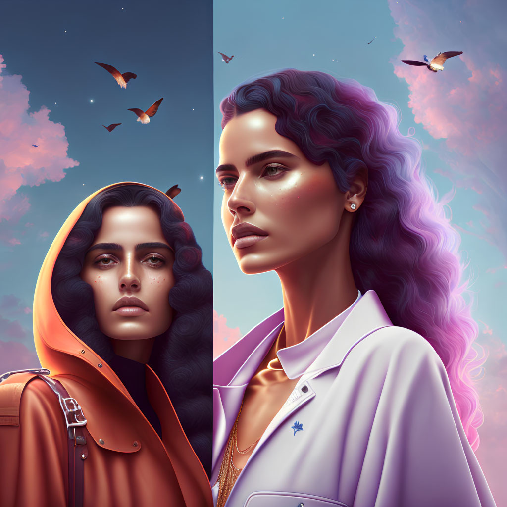 Stylized female portraits with orange hood, butterflies, purple hair, and sky