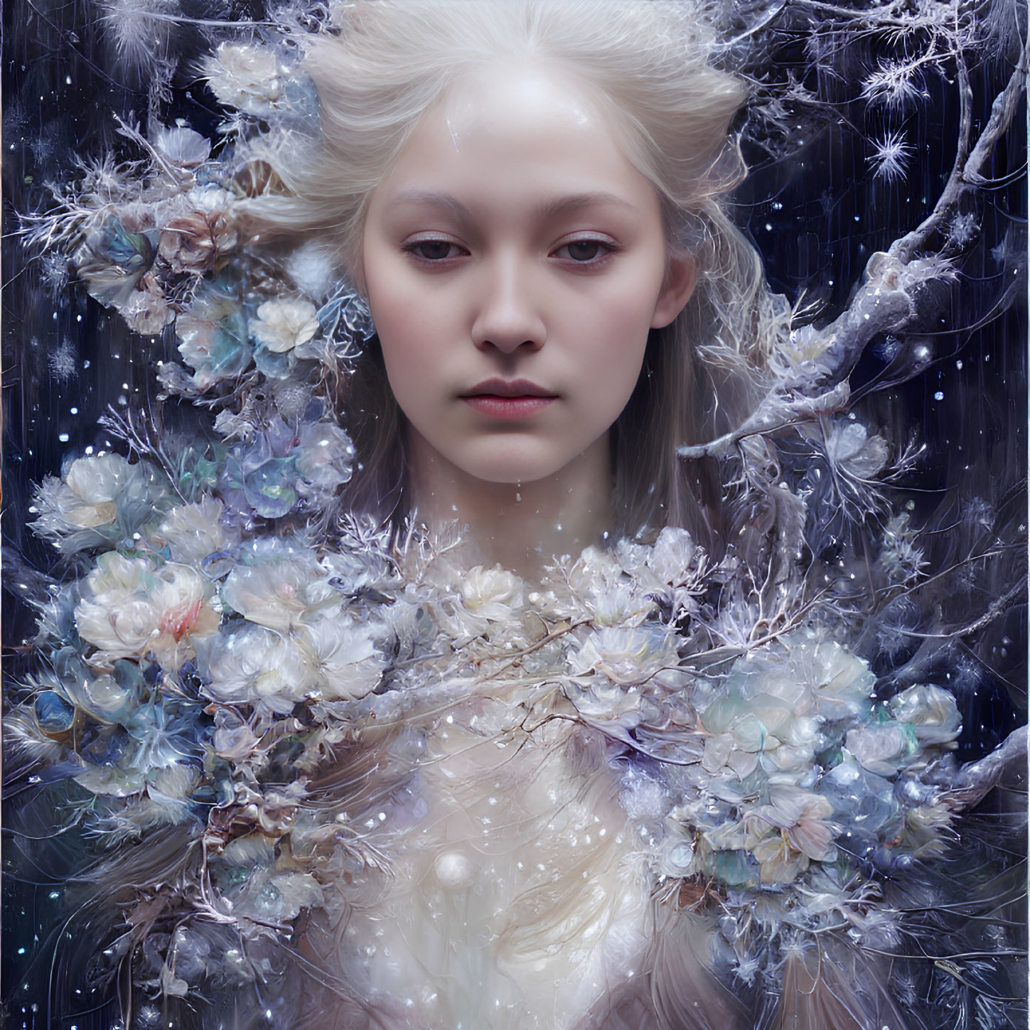 Pale woman with white hair in ethereal winter fairy scene