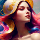 Digital artwork featuring woman with golden headdress and abstract shapes