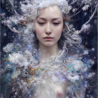 Pale woman with white hair in ethereal winter fairy scene