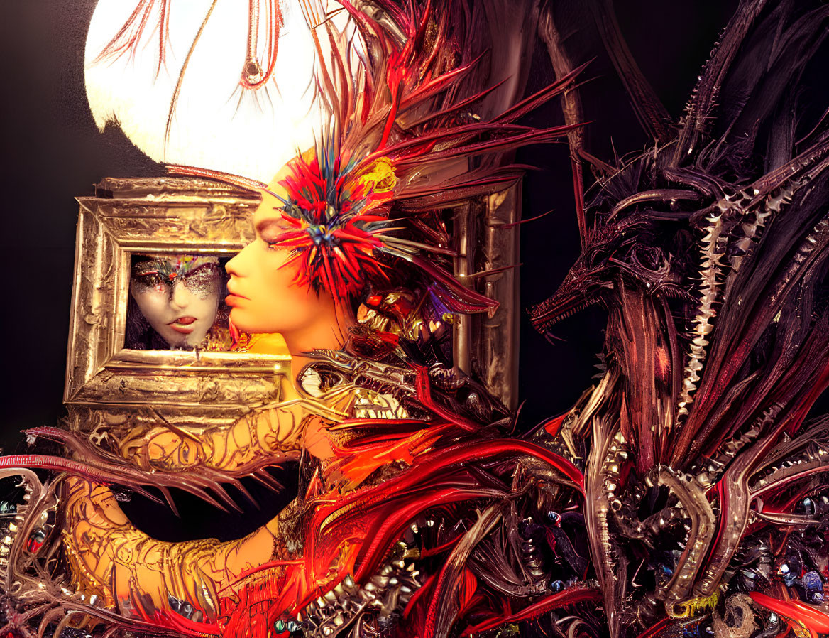 Digital artwork of person in golden armor with mirror and dragon.