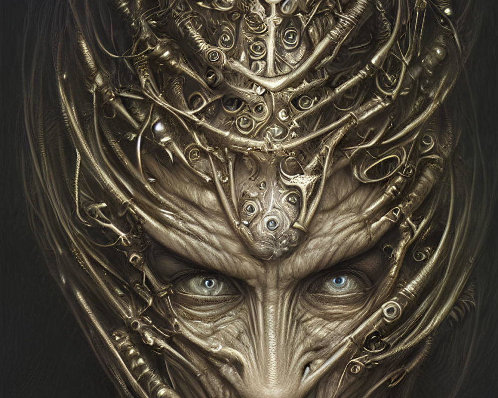 Detailed humanoid creature with regal golden headpiece and blue eyes