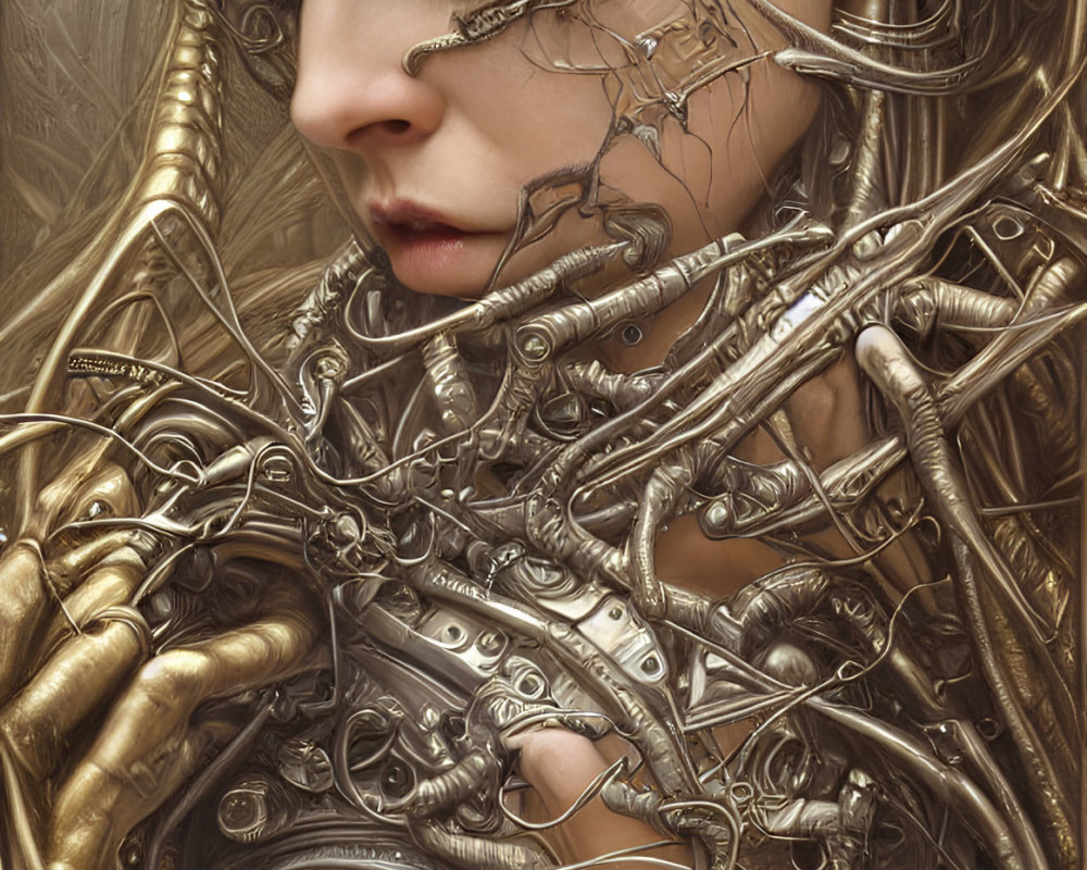 Fantasy portrait with metallic gear and wire adornments.