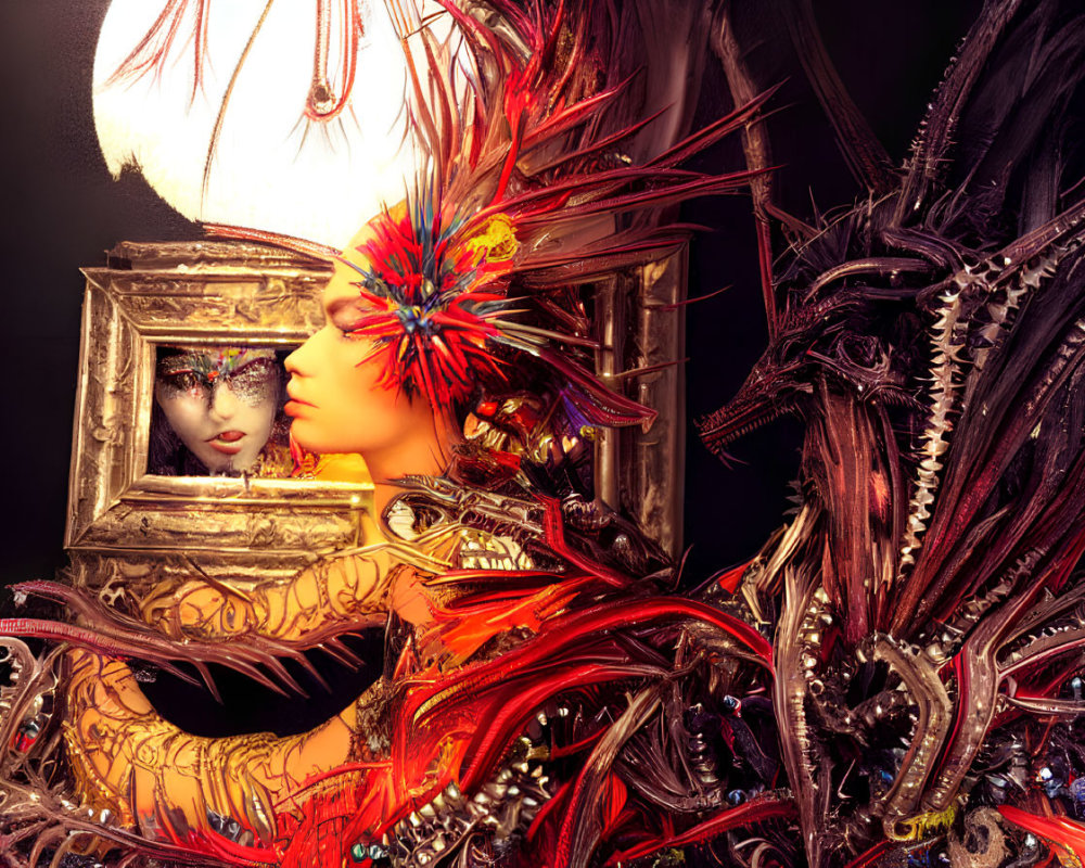 Digital artwork of person in golden armor with mirror and dragon.