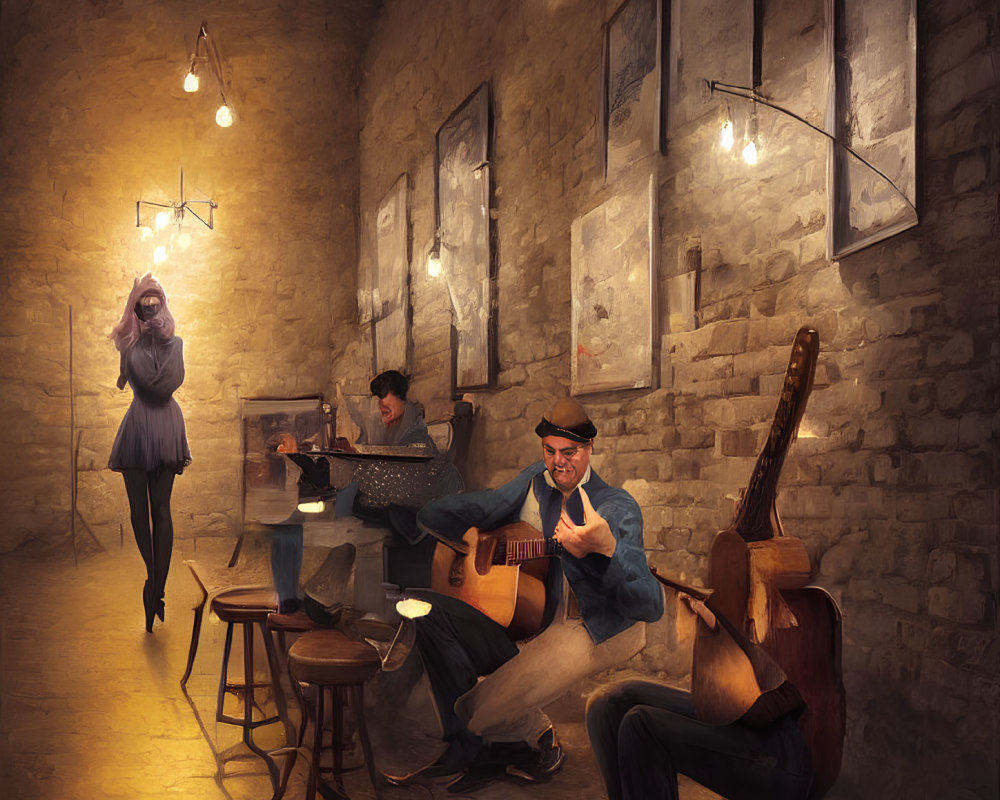 Cozy café ambiance with guitarist, writer, and drinker