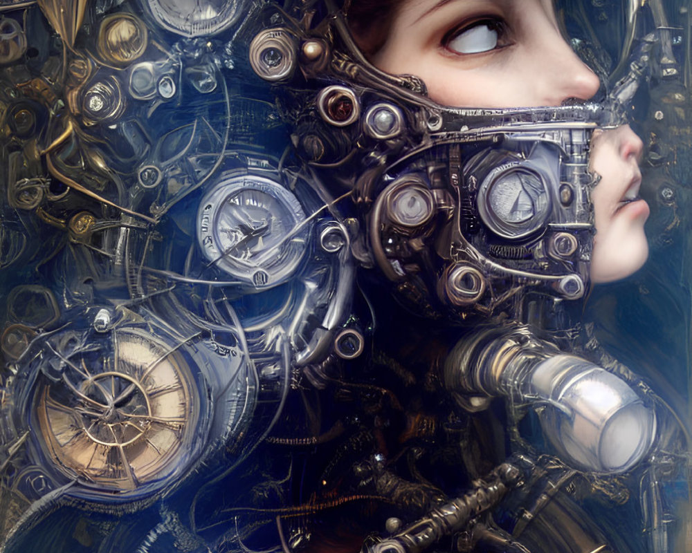 Surreal portrait of woman's face merged with intricate clockwork gears