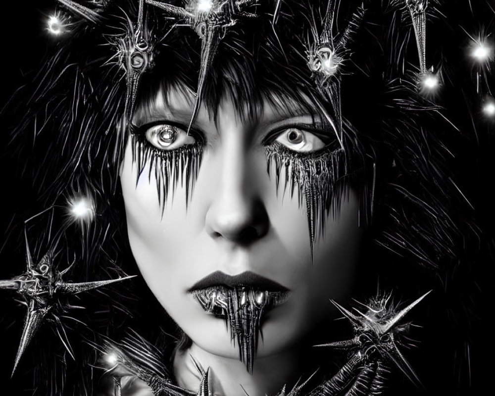 Monochromatic portrait with dramatic makeup and star-shaped spikes.