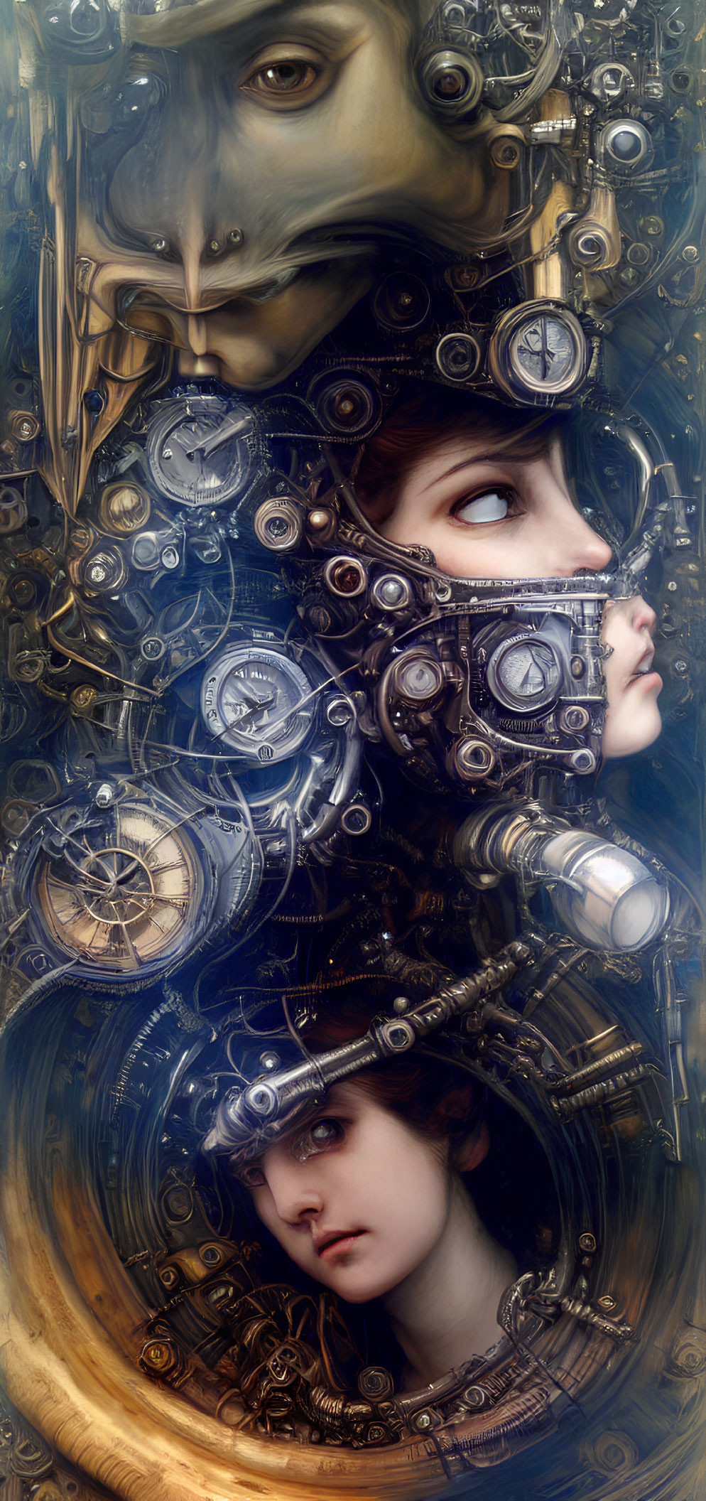 Surreal portrait of woman's face merged with intricate clockwork gears