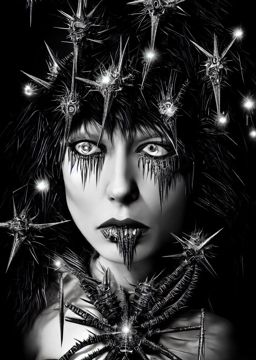 Monochromatic portrait with dramatic makeup and star-shaped spikes.