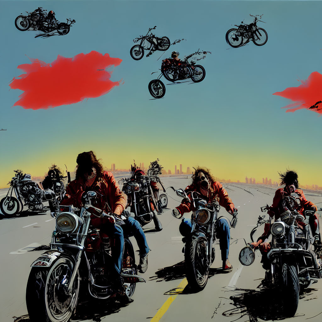 Vibrant illustration of motorcyclists on open road with soaring bikes and city skyline.