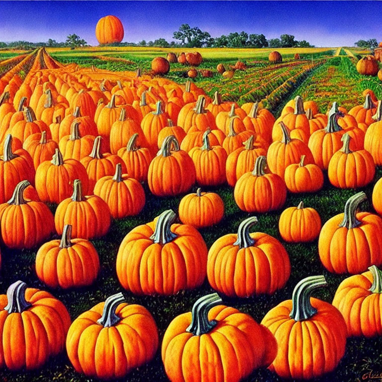 Vibrant pumpkin patch under clear blue sky