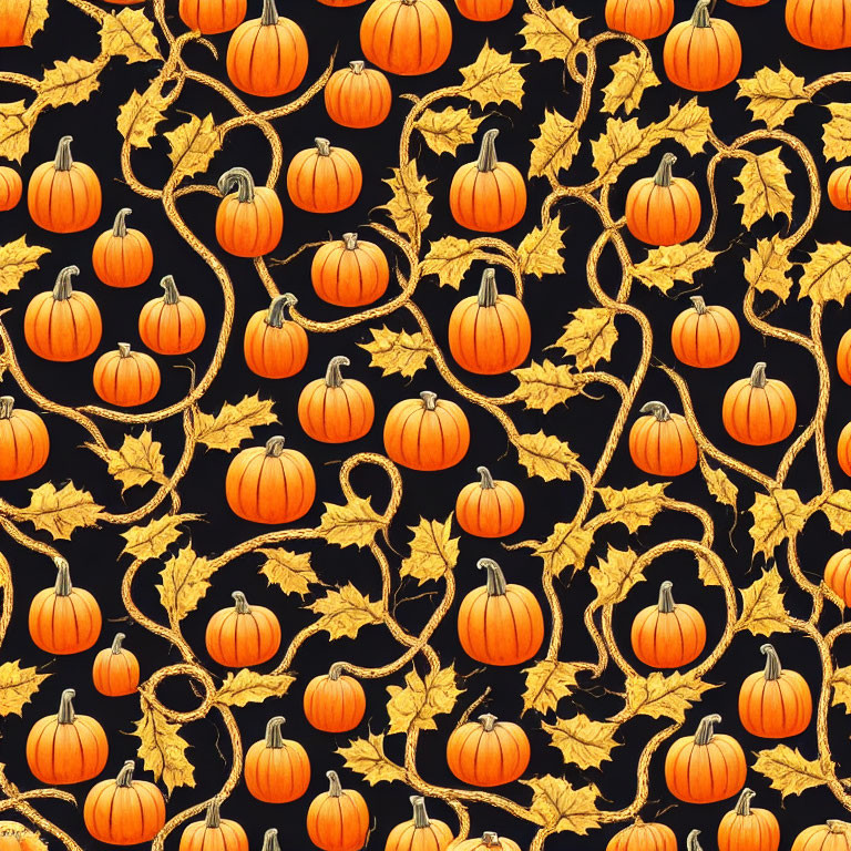 Orange Pumpkins and Maple Leaves Seamless Pattern on Black Background