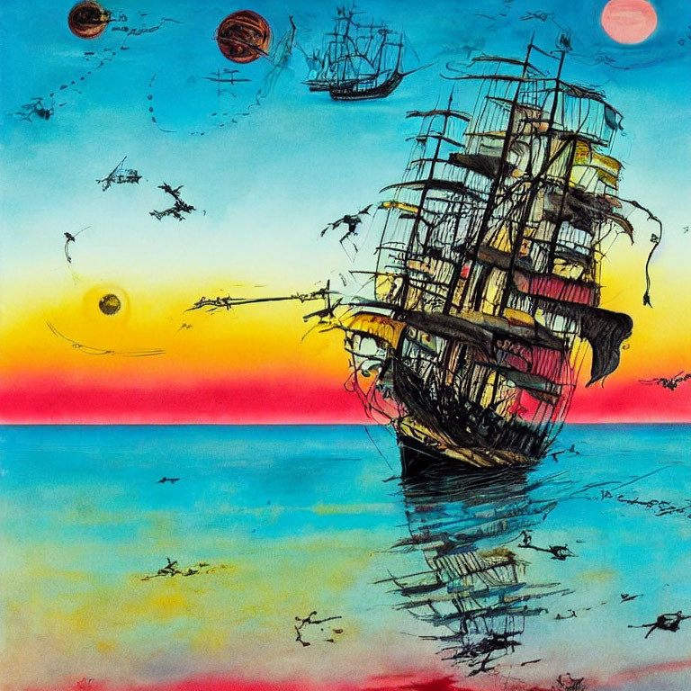 Surreal ship painting with colorful sky, planets, and birds