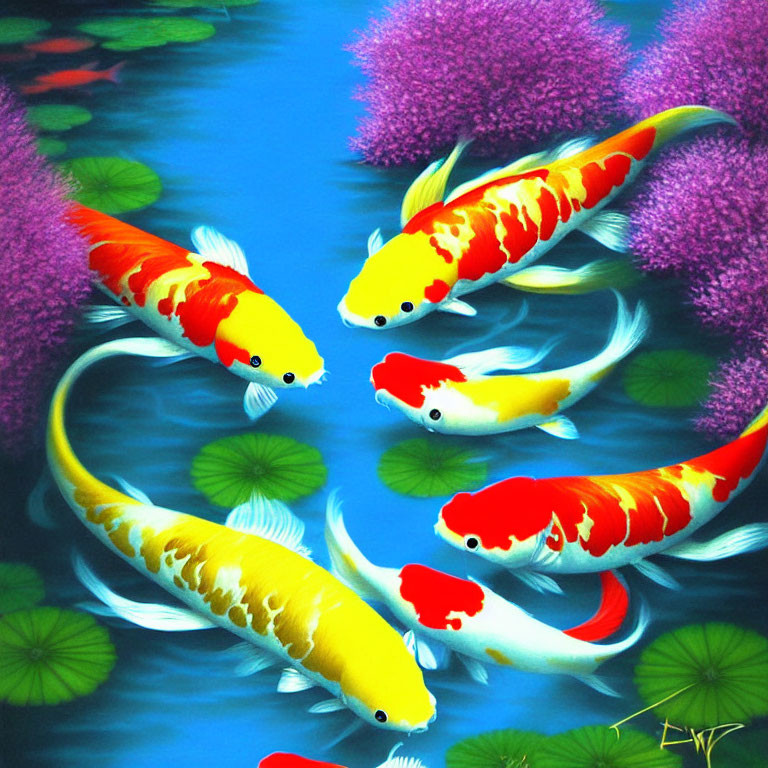 Colorful painting of four koi fish swimming in blue water with lily pads and flowers