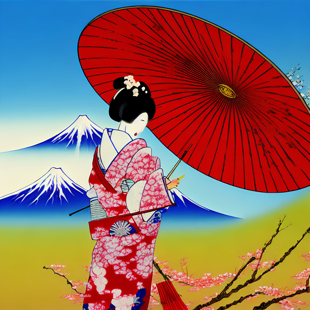 Traditional Japanese Geisha with Red Umbrella, Mount Fuji, and Cherry Blossoms